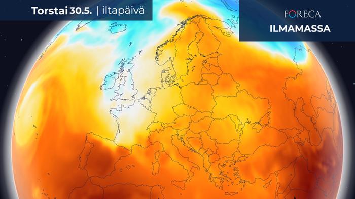 Ilmamassa on toukokuisten hellepäivien ennätyksen rikkoutumisen päivänä 30.5. Suomessa lämmintä.