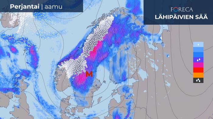 Perjantain ennustekarttojen matalapaine Ruotsin yllä on hurrikaani Kirkin jäänteet. 