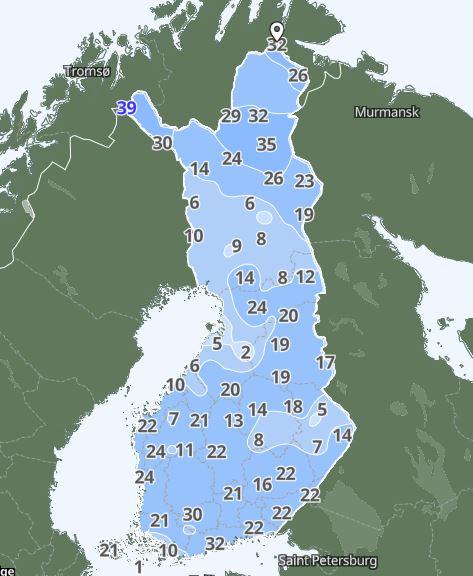 Lumensyvyys Suomessa sunnuntaina 24.11.2024.