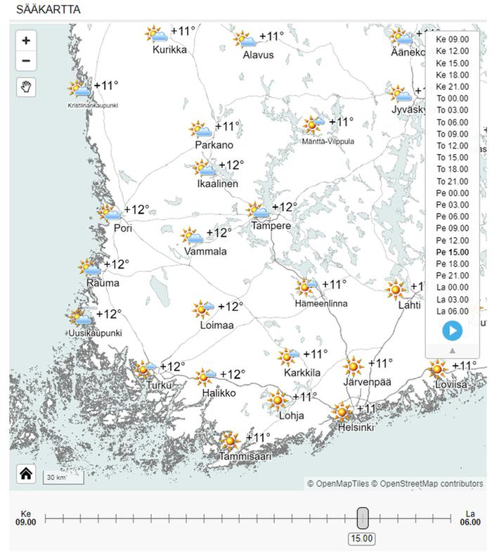 Sääkartta näyttää hyvän yleiskuvan säästä. Kartalta löytyvät useimmat Suomen kuntakeskukset, ja se on parhaimmillaan maan etelä- ja keskiosan tiheään asutuilla seuduilla.