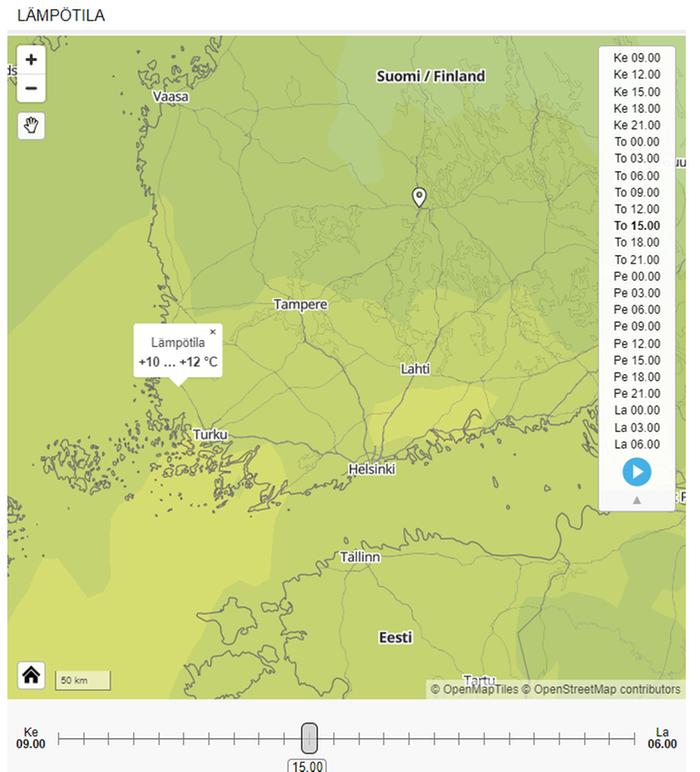Lämpötilan yleiskuva näkyy kartalla väreinä. Napauttamalla karttaa saa näkyviin pisteen lämpötilahaarukan.