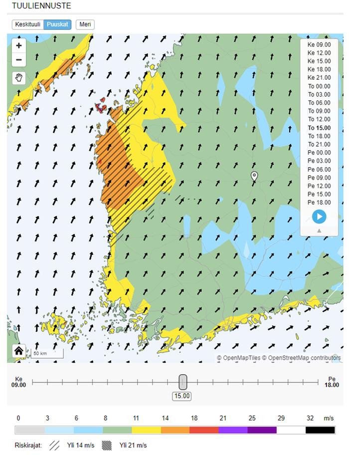 Kartassa näkyy tuulen voimakkuus värien lisäksi varjostuksella, jos voi mennä yli 14 metriin sekunnissa.