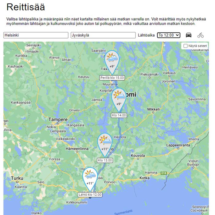 Reittisää näyttää sään tunneittain matkan varrelta.