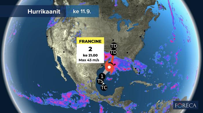 Hurrikaani Francine iskee Yhdysvaltojen eteläosaan Meksikonlahdelta.