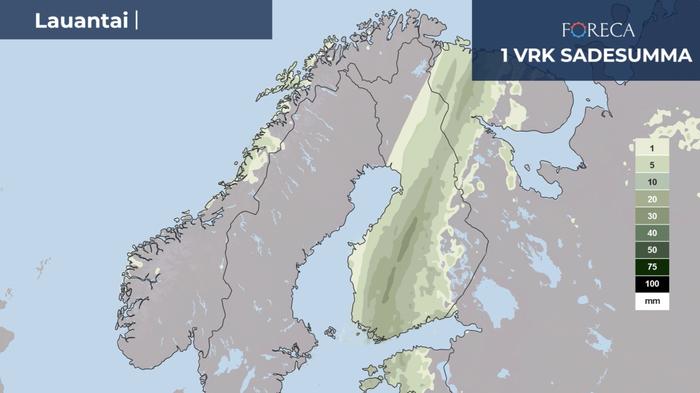 Sademääräennuste lauantaille 14.9.2024.