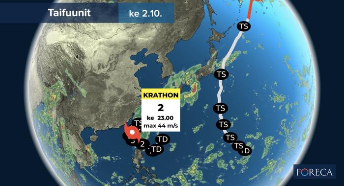 Taifuuni Krathon iskee Taiwaniin. Japanin koillispuolella kulkee trooppinen myrsky Jebi.