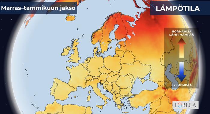 ECMWF:n ennuste lämpötilojen poikkeamista marras–tammikuulle Eurooppaan.