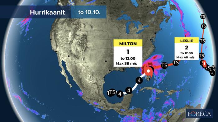 Hurrikaani Milton iski Floridaan. Hurrikaani Leslie etenee Atlantilla.