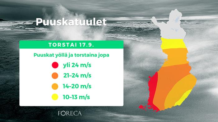 Aila-myrskyn voimakkaimpia maa-alueiden puuskatuulia ennustetaan länteen ja lounaaseen sekä Ahvenanmaalle.
