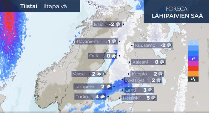 Tiistaina Suomeen työntyy lännestä sateita, jotka alkavat aamulla etelässäkin lumena tai räntänä, mutta muuttuvat vähitellen vedeksi. Maan pohjoisosassa sateet ovat vielä iltapäivällä lunta.