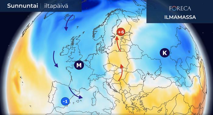 Espanjaan virtaa pian luoteesta vuodenaikaan nähden erittäin kylmää ilmaa ja sateet muuttuvat siellä osittain lumeksi. Lämpötila painuu pakkasen puolelle laajalti ylängöillä. Suomeen virtaa samaan aikaan lämmintä ilmaa etelästä.