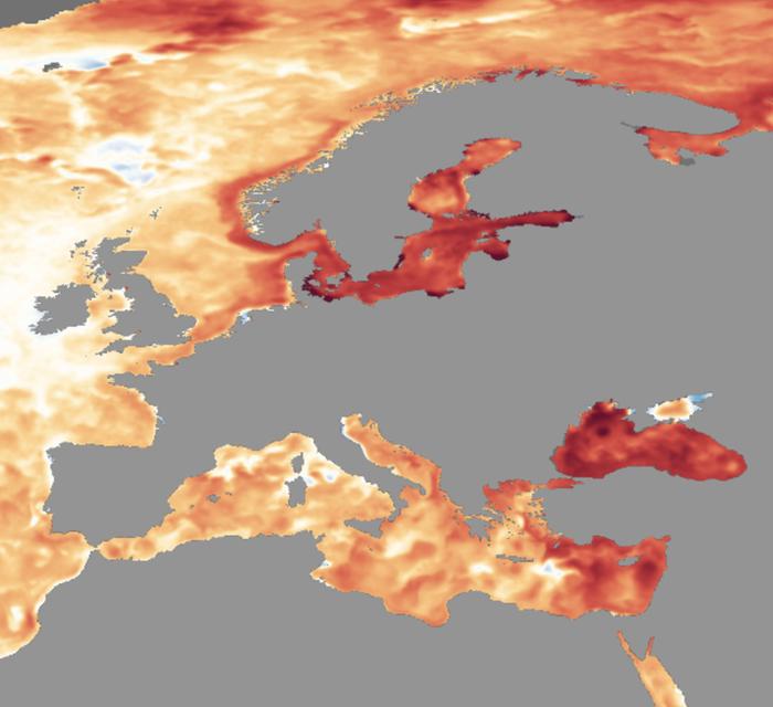 Meriveden lämpötilapoikkeamat marraskuun loppupuolella Euroopassa. Erityisesti Välimeren itäosa, Mustameri ja Itämeri ovat hyvin lämpimiä.