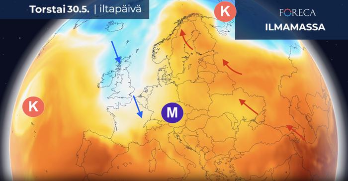 Suomeen virtaa toukokuun lopussa kaakosta erittäin lämmintä ilmamassaa. Ilmavirtaus on peräisin Kaspianmeren itäpuolelta, missä lämpötilan odotetaan kohoavan lähelle 40 astetta.