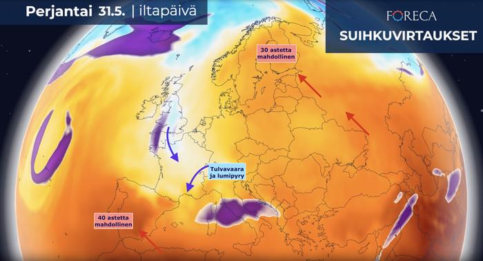 Toukokuun viimeiset päivät ovat Iberian niemimaalla ja Pohjois-Euroopassa tilastoihin nähden erittäin lämpimiä. Näillä alueilla on paikoin jopa 10 astetta normaalia lämpimämpää. Alppien ympäristössä tulee runsaita sateita, jotka voivat johtaa tulviin. Korkeammalla lunta voi pyryttää toukokuun lopussa yli puoli metriä.