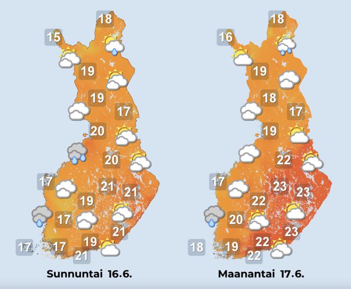 Sääennuste 16.–17.6. Sää lämpenee, mutta sateitakin tulee osassa maata.