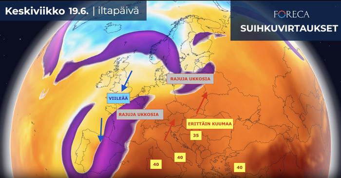 Juhannusviikolla keskiviikkona Etelä- ja Keski-Eurooppaan alkaa muodostua kuuma sääastelma, joka nostaa lämpötilat keskisellä ja itäisellä Välimerellä paikoin 40 asteeseen. Kuuman ja viileän ilmamassan rajamaastossa voi kehittyä tuhoisia ukkosia, rankkasateita, suuria rakeita ja trombeja.