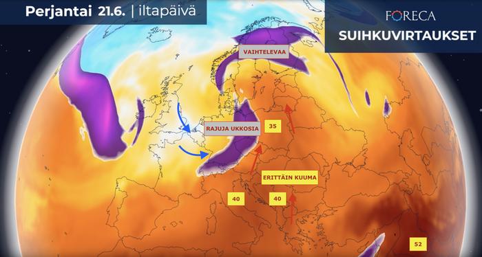 Juhannusta kohden mentäessä erittäin kuumaa ilmaa näyttää nousevan itäistä Eurooppaa pitkin kohti pohjoista. Lämpötila voi kohota Puolassa yli 35 asteen ja Välimerellä sekä Balkanin niemimaalla paikallisesti yli 40 asteen. Lähi-idässä lämpötilan ennustetaan kohoavan selvästi yli 50 asteen, eli alueella on menossa ajankohdan lämpöennätyksiä rikki. Lämpöä puskee myös kohti Suomea, mutta vielä on epävarmaa, kuinka pohjoiseen se pääsee. Juhannussää on todennäköisesti Suomessa vaihteleva ja lämpöoloiltaan vähintäänkin tavanomainen. Paikallisesti hellelukematkin ovat mahdollisia.