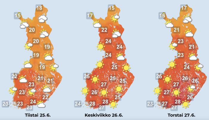 Tiistai voi aloittaa pitkäkestoisen helleputken Suomessa. Helteet ovat todennäköisimpiä maan etelä- ja keskiosassa, missä 30 asteen raja voi paikoin rikkoutua keskiviikon jälkeen. Myös trooppiset yöt ovat mahdollisia, eli yön alin lämpötila ei laske alle 20 asteen.