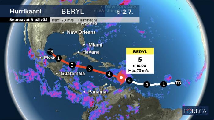 Hurrikaani Beryl liikkuu viikon edetessä Karibianmerellä länsiluoteeseen.