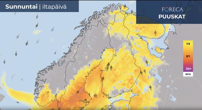 Sunnuntaina iltapäivällä ja illalla kovia (yli 14 m/s) tuulen puuskia koetaan laajoilla alueilla sisämaassakin. Lounais- ja länsirannikolla sekä paikoin muuallakin voimakkaimmat puuskat voivat yltyä lähelle myrskylukemia (21 m/).