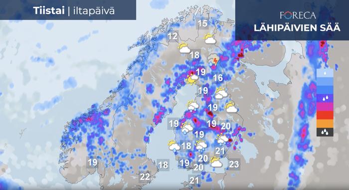 Tiistaina sade- ja ukkoskuuroja tulee laajoilla alueilla. Lämpötila vaihtelee 20 asteen molemmin puolin.