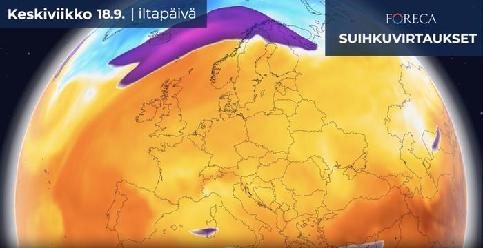 Vielä keskiviikkona suuri osa Pohjois-Euroopasta on suihkuvirtauksen lämpimämmällä puolella, mutta vähitellen kylmää ilmaa alkaa valua Jäämereltä etelämmäs.