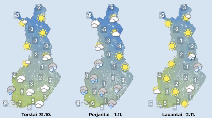 Viikonlopun aikana lunta tai räntää tulee ajoittain eteläistä Suomea myöden. Päivälämpötilat pysyvät pohjoisessa pakkasella.