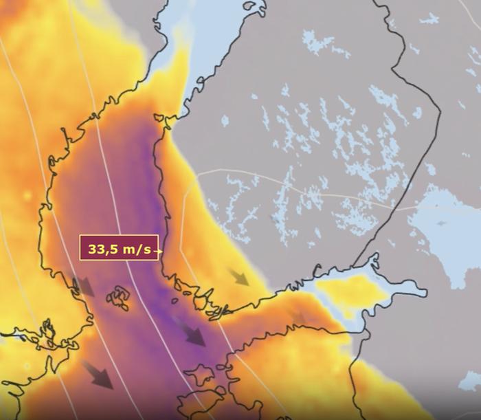 Rauma Kylmäpihlajan asemalla 10 minuutin keskituulen nopeus oli perjantaina 1.11.2024 voimakkaimmillaan 33,5 m/s. Pohjaväritys kartalla kuvaa tuulen puuskien voimakkuutta perjantai-iltana. 