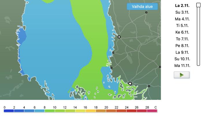 Merivesi on Selkämerellä ja Ahvenanmaan ympäristössä vielä paikoin liki 10-asteista.