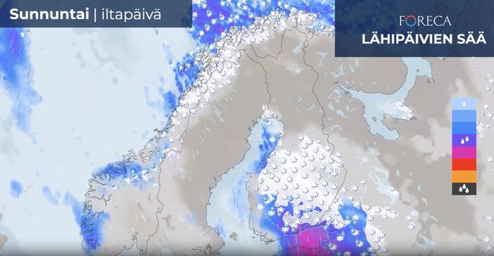 Sunnuntaina lumi- ja räntäsateita tulee laajoilla alueilla maan etelä- ja keskiosassa, etelä- ja lounaisrannikolla sateet ovat myös vettä.