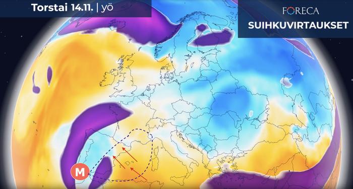 Välimeren läntiseen osaan on kehittymässä uusi rankkasade-episodi. Viikon puolivälin jälkeen kylmä pisara (matalapaine yläilmakehässä) jämähtää Espanjan lounaispuolelle ja puskee hyvin lämmintä ja kosteaa ilmaa kohti Espanjan itärannikkoa. Sinisen katkoviivan sisällä voi esiintyä rankkasateita ja tulvia. Suurimmat sadekertymät näyttävät osuvan keskiviikon ja perjantain välillä Espanjan koillisrannikolle Barcelonan ja Tarragonan ympäristöön.