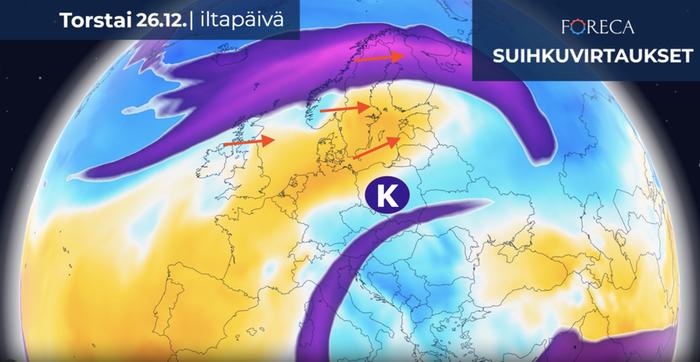 Joulunpyhinä korkeapaine siirtyy Atlantilta keskiseen Eurooppaan, mikä voimistaa lauhoja länsivirtauksia Pohjois-Euroopassa. Hyvin lämpimän ilmamassan aalto yltää joulunpyhinä Suomeen.