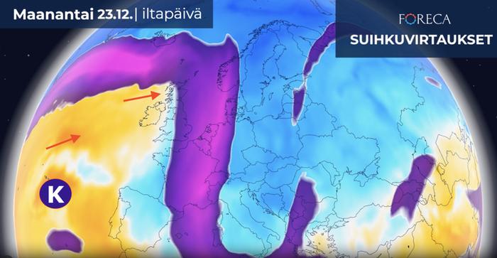 Voimakas korkeapaineen alue muodostuu Azoreiden seudulle ennen joulua. Viikon vaihtuessa sen painopiste siirtyy vähitellen kohti Manner-Eurooppaa, jolloin korkeapaineen pohjoispuolella lämpimät länsivirtaukset alkavat levitä kohti Pohjois-Eurooppaa.