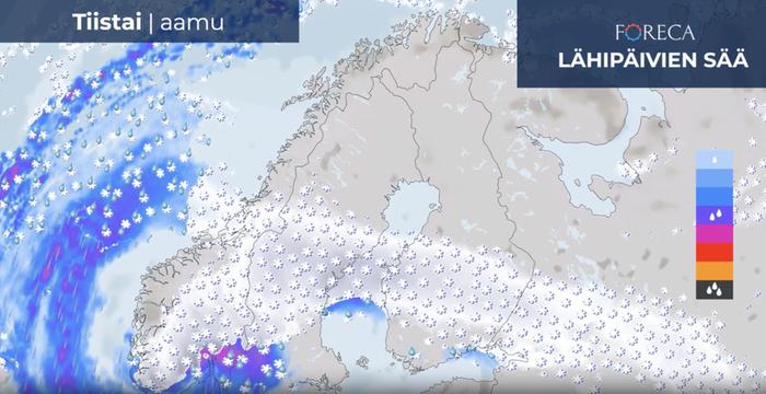 Tiistaiaamuna lumipyry siirtyy maan keskiosaan, etelässä tulee myös jäätäviä sateita ja rannikolla vesi- tai räntäkuuroja.