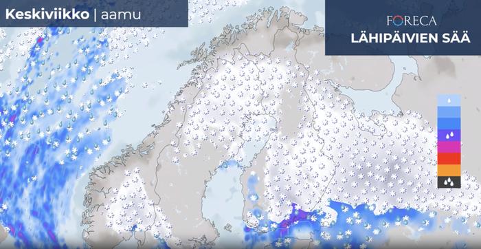 Keskiviikkona suuressa osassa maata saadaan ajoittaisia lumisateita, etelärannikolla olomuoto on myös vettä tai räntää.