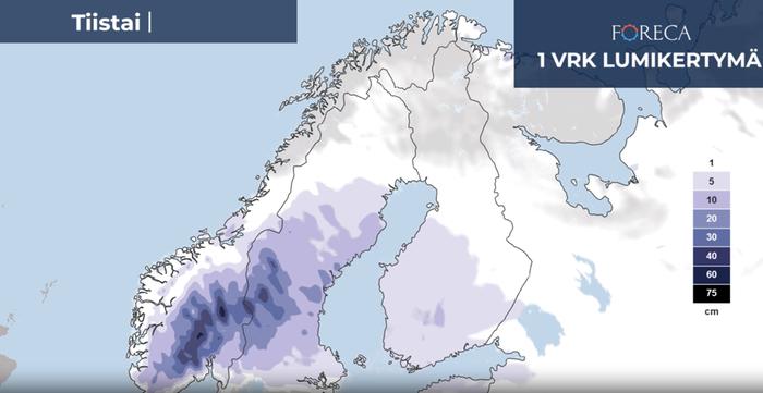 Tiistaihin mennessä pyrystä kertyy lunta maan etelä- ja keskiosaan 5–10 cm, paikoin enemmänkin.