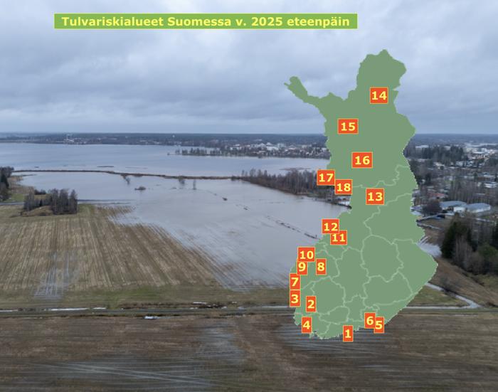 Uudet tulvariskialueet vuodesta 2025 eteenpäin. Alueita on neljä vähemmän kuin aiemmin, pois ovat tipahtaneet Loviisa, Riihimäki, Lapua ja Kemijärvi. Lähde: ELY-keskus/Maa- ja metsätalousministeriö