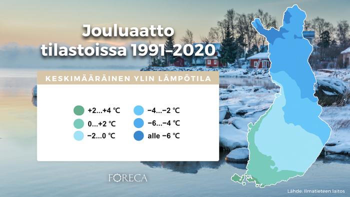 Jouluaaton ylin keskimääräinen lämpötila tilastoissa 1991–2020.