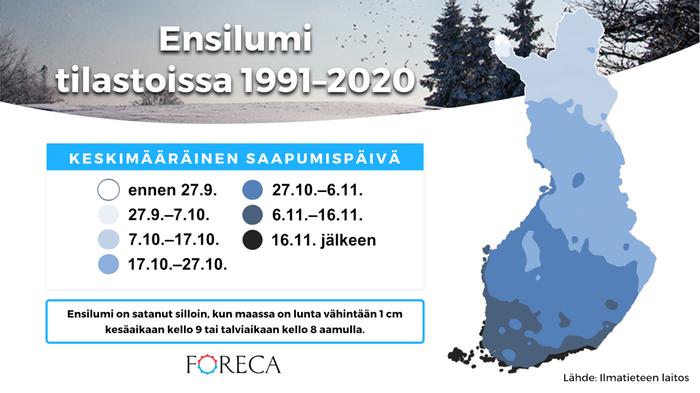 Ensimmäisen ehjän lumipeitteen tulon ajankohta vertailukaudella 1991–2020.