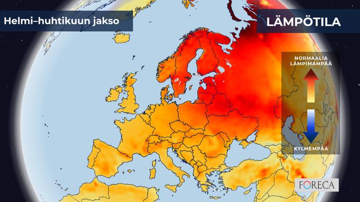 ECMWF:n ennuste lämpötilojen poikkeamista helmi–huhtikuulle 2025 Eurooppaan.