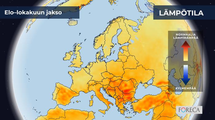 ECMWF:n ennuste lämpötilojen poikkeamista elo–lokakuulle 2024 Eurooppaan.