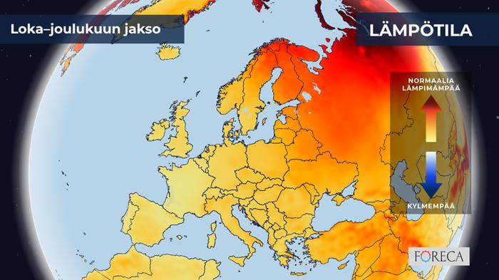 ECMWF:n ennuste lämpötilojen poikkeamista loka–joulukuulle 2024 Eurooppaan.