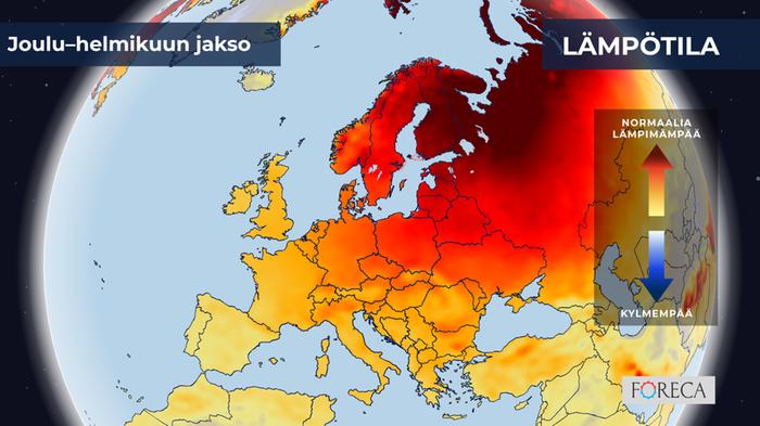 ECMWF:n ennuste lämpötilojen poikkeamista joulu–helmikuulle Eurooppaan.