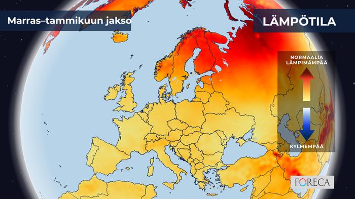 ECMWF:n ennuste lämpötilojen poikkeamista marras–tammikuulle Eurooppaan.