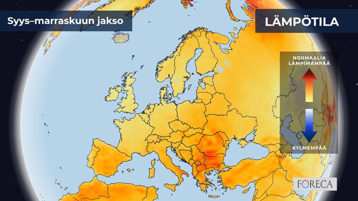 ECMWF:n ennuste lämpötilojen poikkeamista syys–marraskuulle 2024 Eurooppaan.