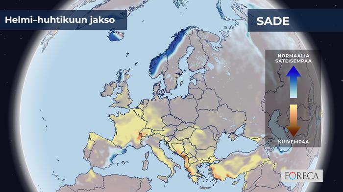 ECMWF:n ennuste sademäärien poikkeamista helmi–huhtikuulle 2025 Eurooppaan.