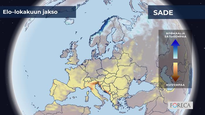 ECMWF:n ennuste sademäärien poikkeamista elo–lokakuulle 2024 Eurooppaan.