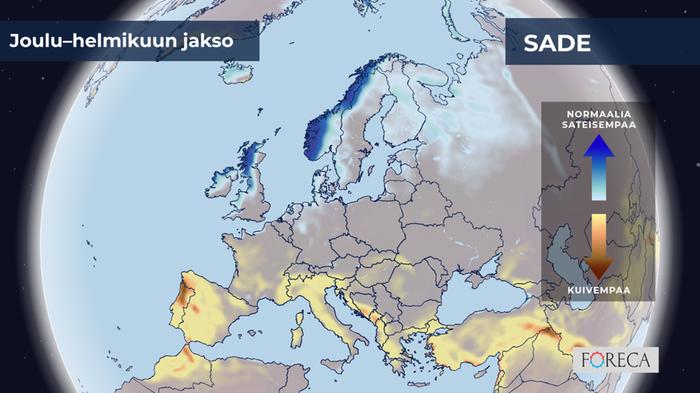 ECMWF:n ennuste sademäärien poikkeamista joulu–helmikuulle Eurooppaan.