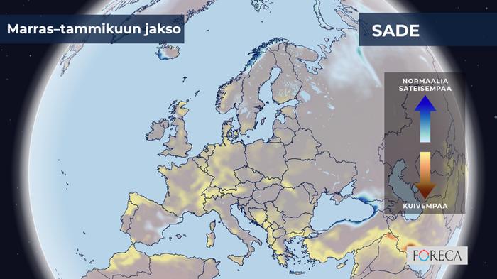 ECMWF:n ennuste sademäärien poikkeamista marras–tammikuulle Eurooppaan.