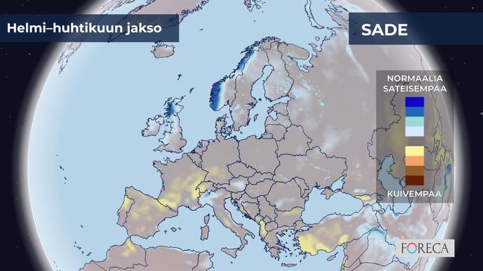ECMWF:n ennuste sademäärien poikkeamista helmi–huhtikuulle 2023. Suomeen ennakoidaan hieman keskimääräistä sateisempaa tai keskimääräisiä sademääriä.
